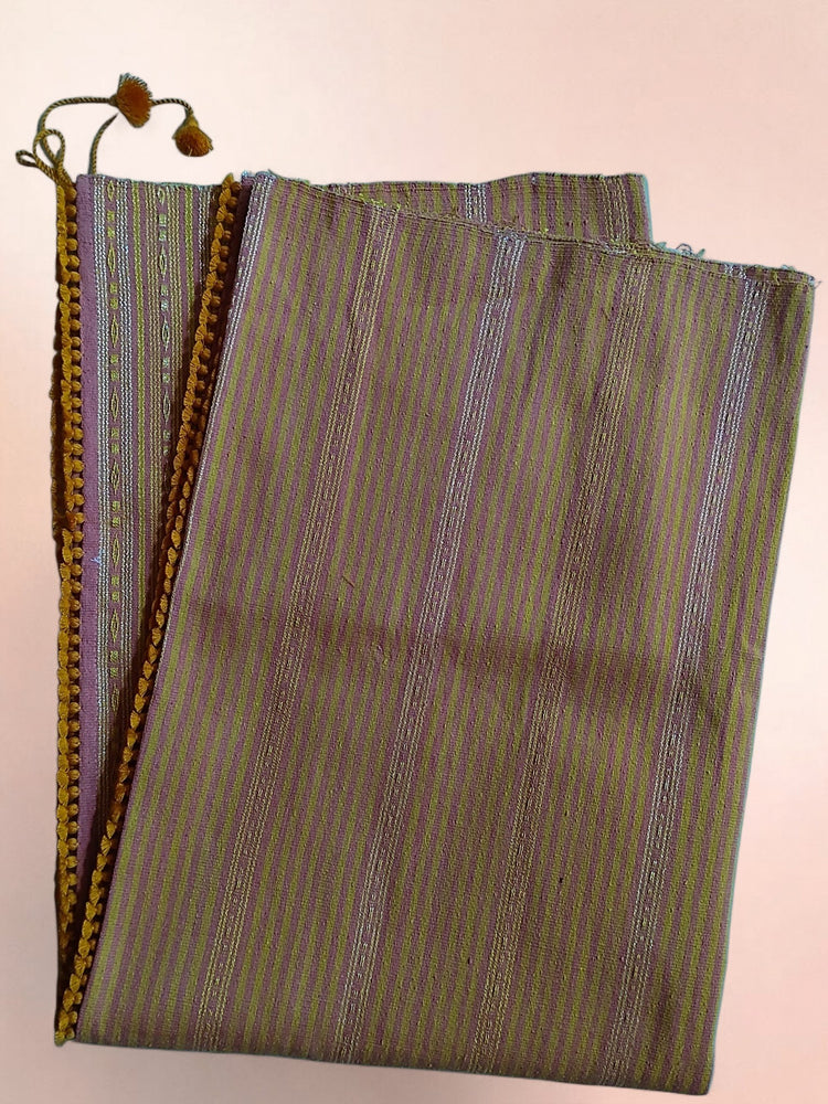 Honnihonjeng Pekok Honki hand-woven Eri silk fabric with gold and silver metallic stripes and decorative pom-pom trim