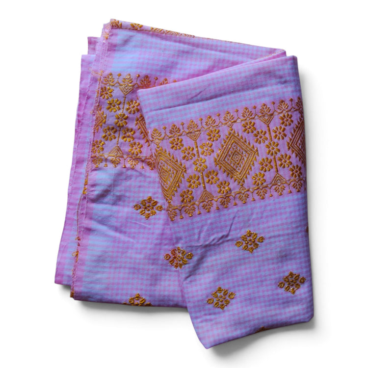 Honnihonjeng light pink and white gingham cotton fabric with intricate golden thread geometric and floral embroidery.