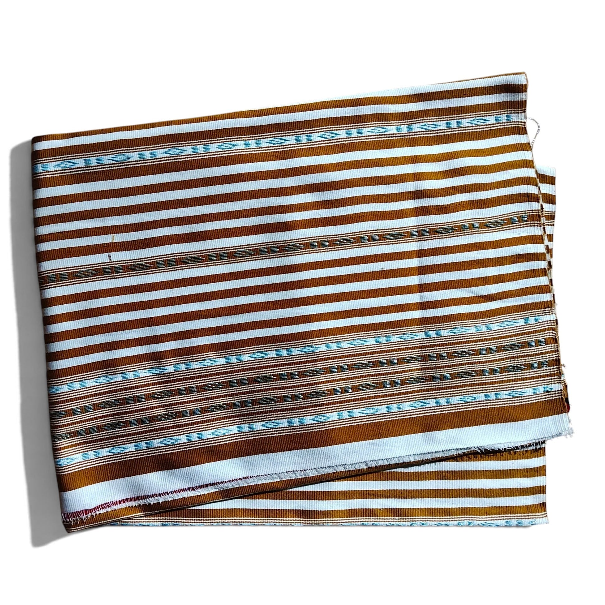 Honnihonjeng handwoven fabric featuring brown and white stripes with intricate turquoise geometric woven patterns.