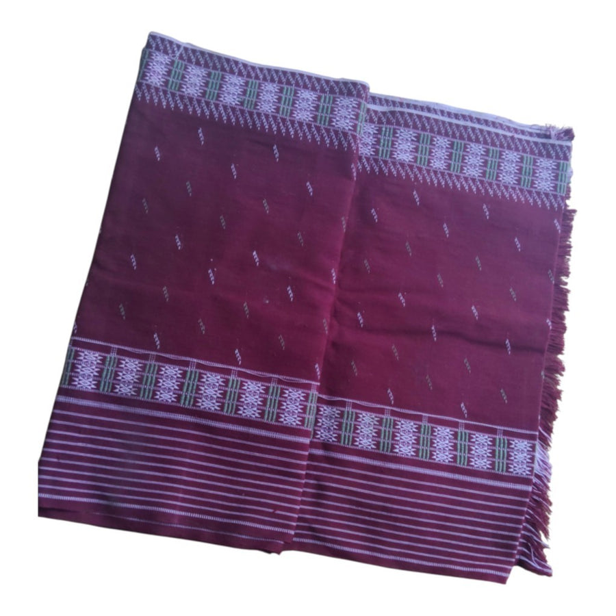Honnihonjeng handwoven burgundy textile wrap with intricate geometric patterns, white linear accents, and fringed edges.