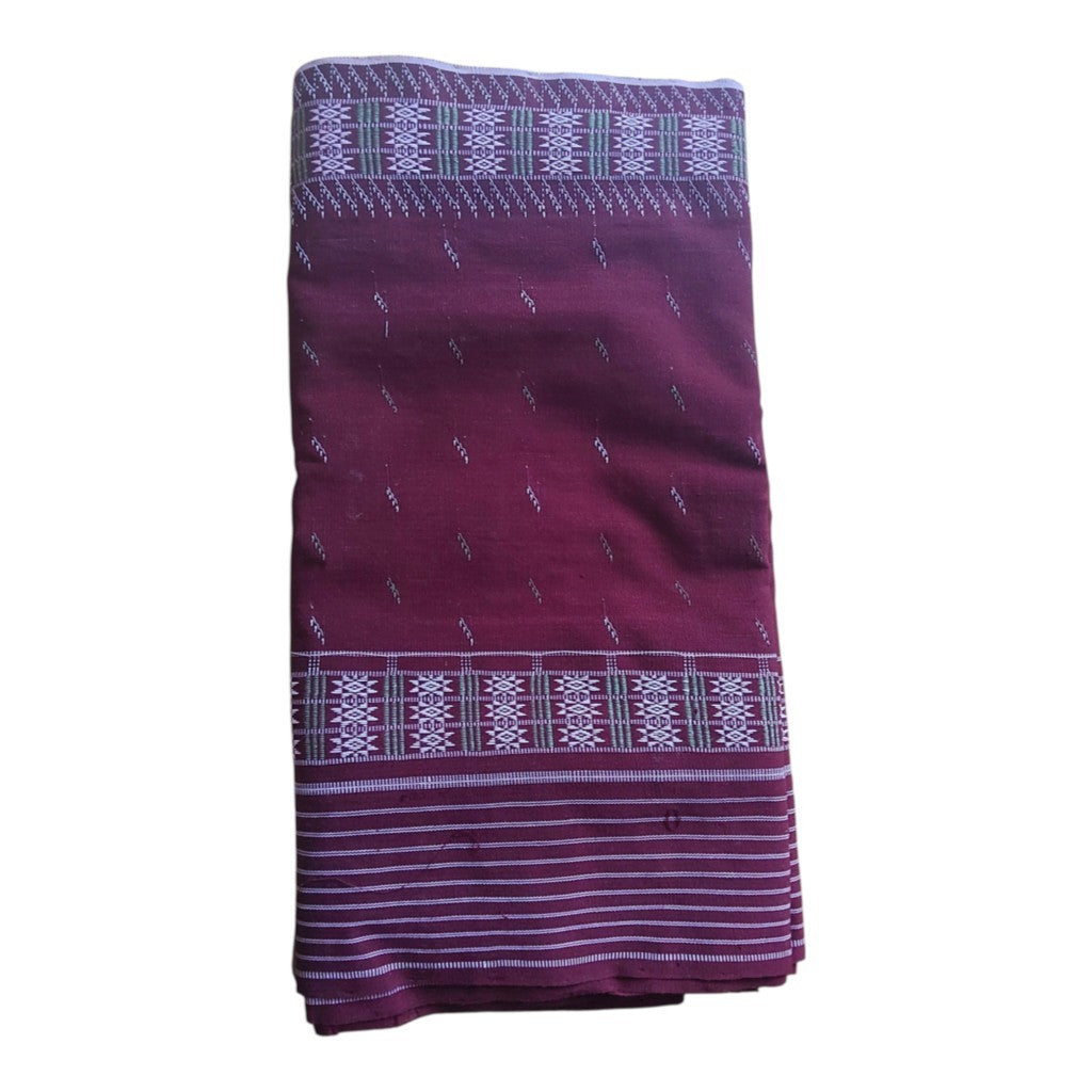 Honnihonjeng handwoven burgundy textile wrap with intricate white geometric patterns and fringed edges.