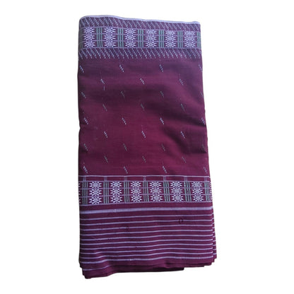 Honnihonjeng handwoven burgundy textile wrap with intricate white geometric patterns and fringed edges.