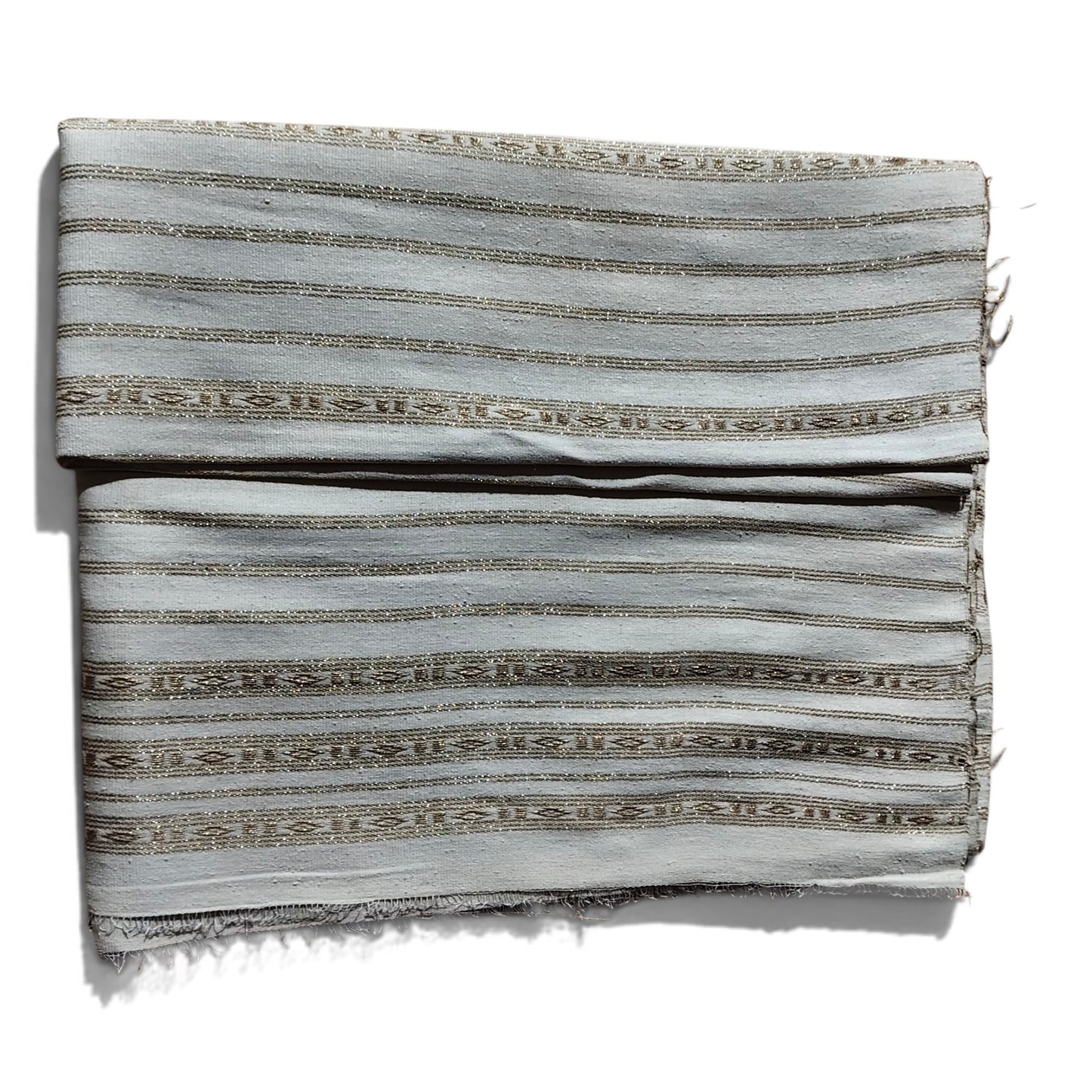 Honnihonjeng handwoven fabric in light grey with intricate metallic gold striped patterns and textured weave.