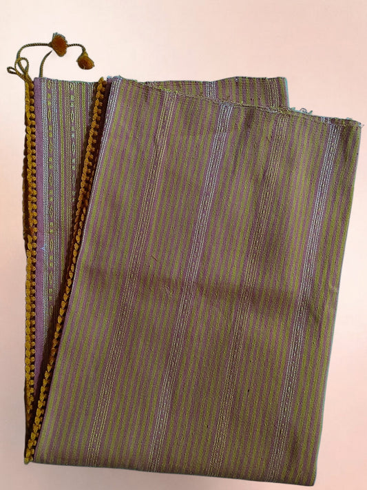 Honnihonjeng Pekok Honki hand-woven Eri silk fabric with gold and silver metallic stripes and decorative pom-pom trim