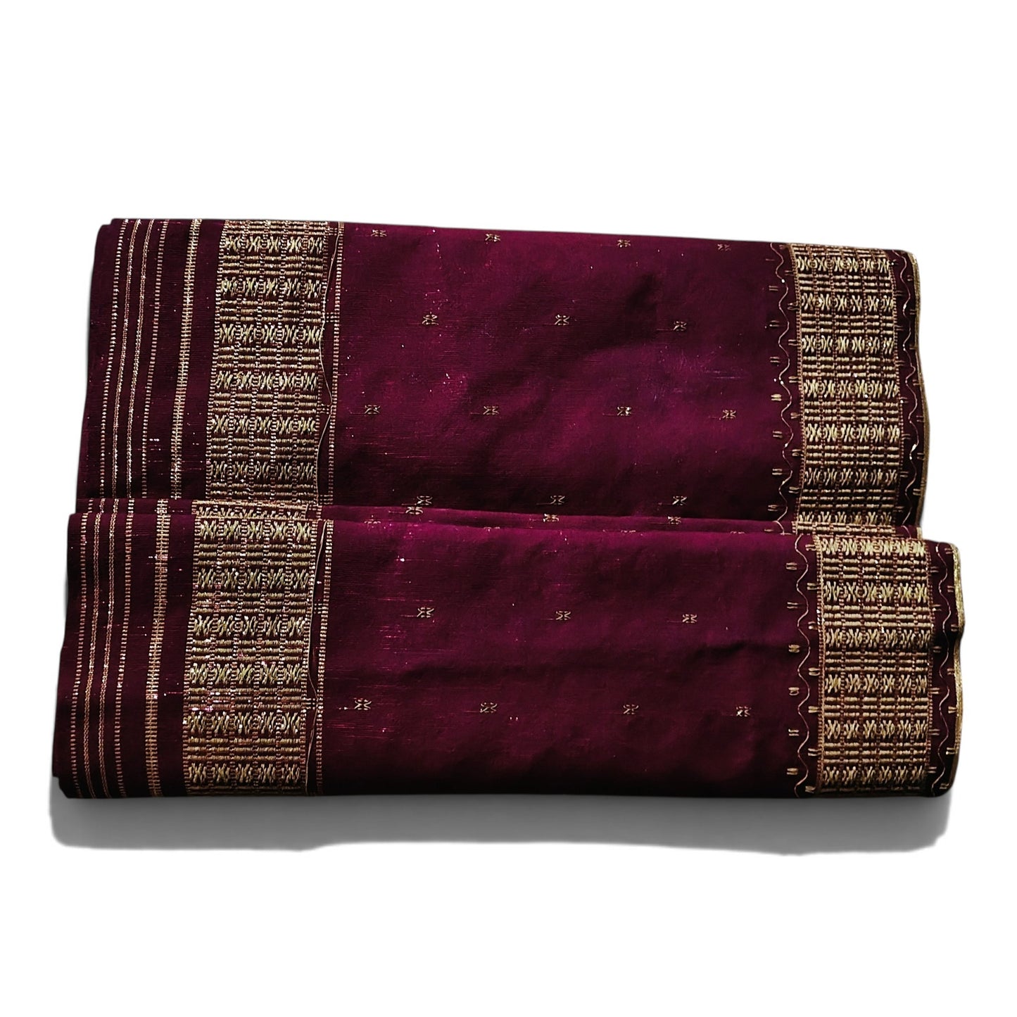 Honnihonjeng plum-coloured handwoven fabric with intricate metallic gold woven borders and subtle textured patterns.