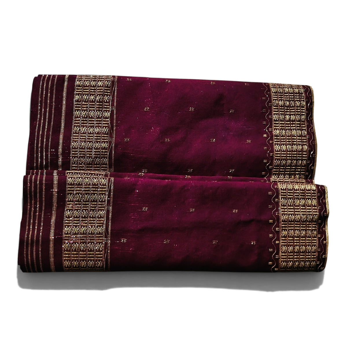 Honnihonjeng plum-coloured handwoven fabric with intricate metallic gold woven borders and subtle textured patterns.