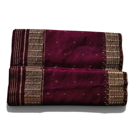Honnihonjeng plum-coloured handwoven fabric with intricate metallic gold woven borders and subtle textured patterns.