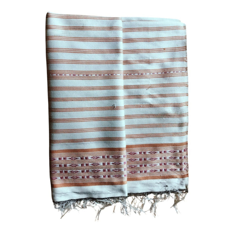 Pekok- Premium Handwoven Striped Cotton-Blend Fabric – White with Light Peach Accents
