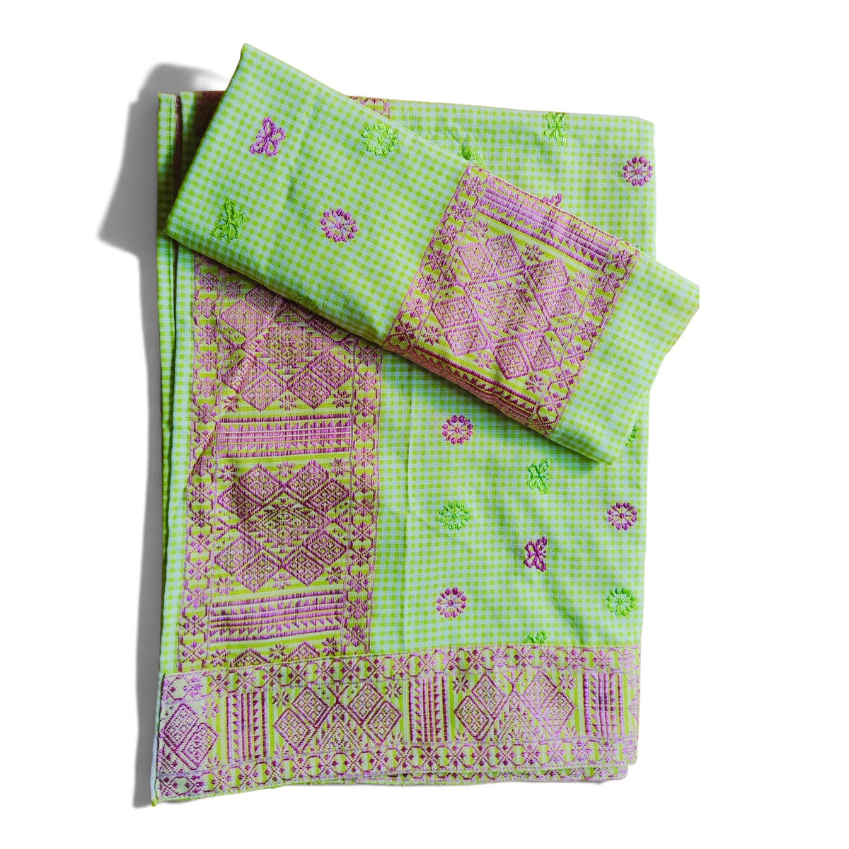 Traditional Handloom woven Cotton Fabric Pekok Set with Blouse in Lime Green & White strips