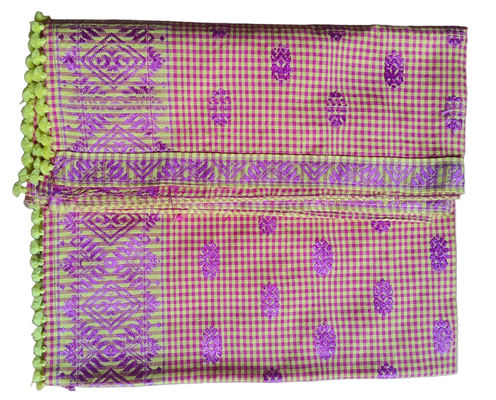 Traditional Karbi Handwoven Pekok/Duphirso in Pink & Lime Yellow